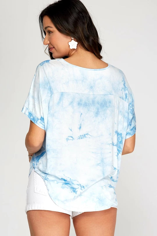 Blue V Neck Tie-dye Knit Top