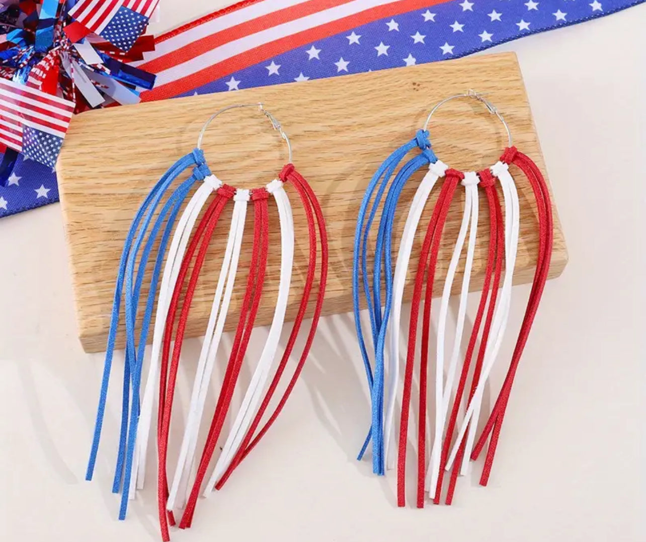 Red,White,and Blue string tassel earrings