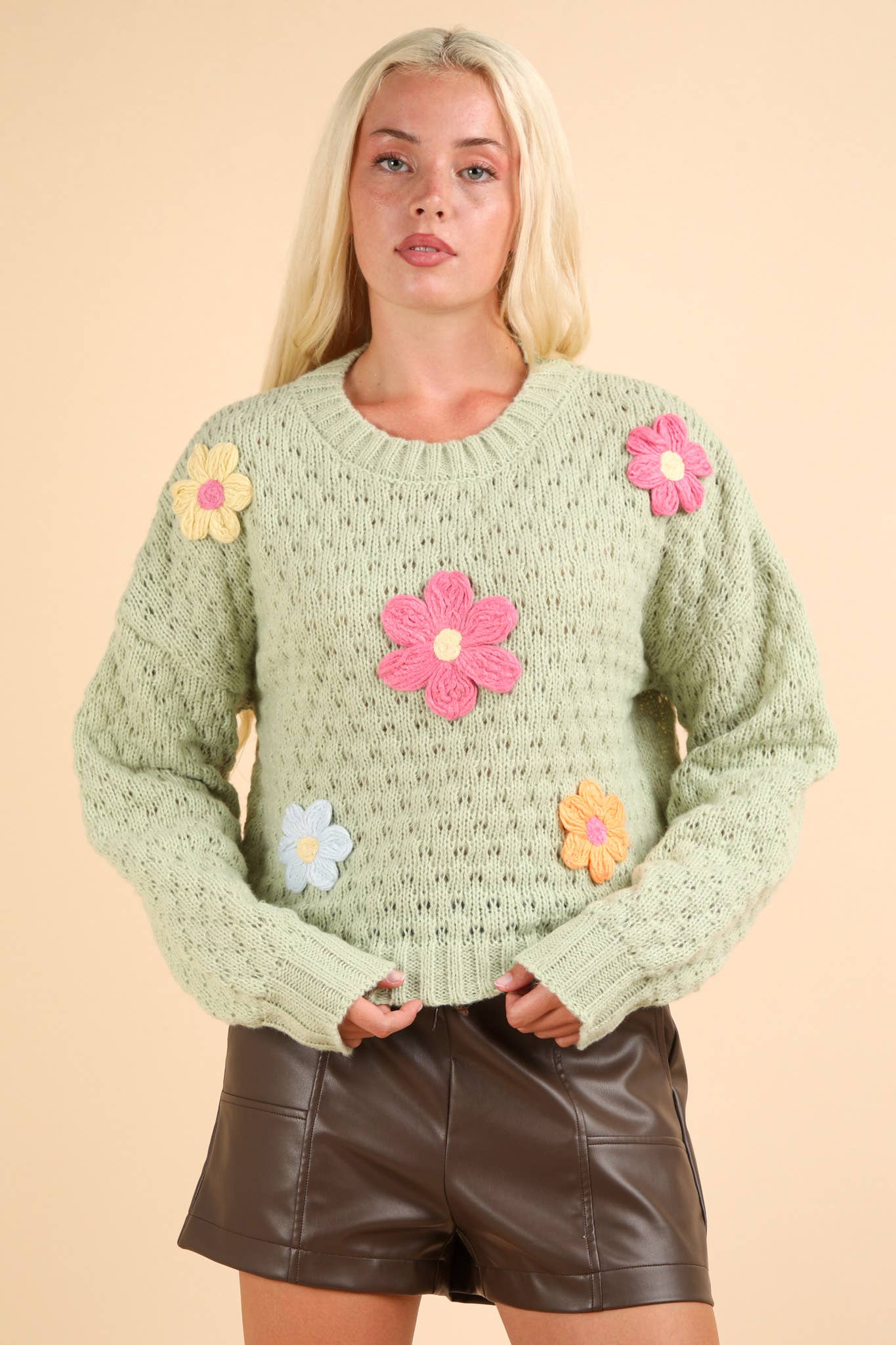 Sage Hand Made Flower Applique Knit Sweater Top