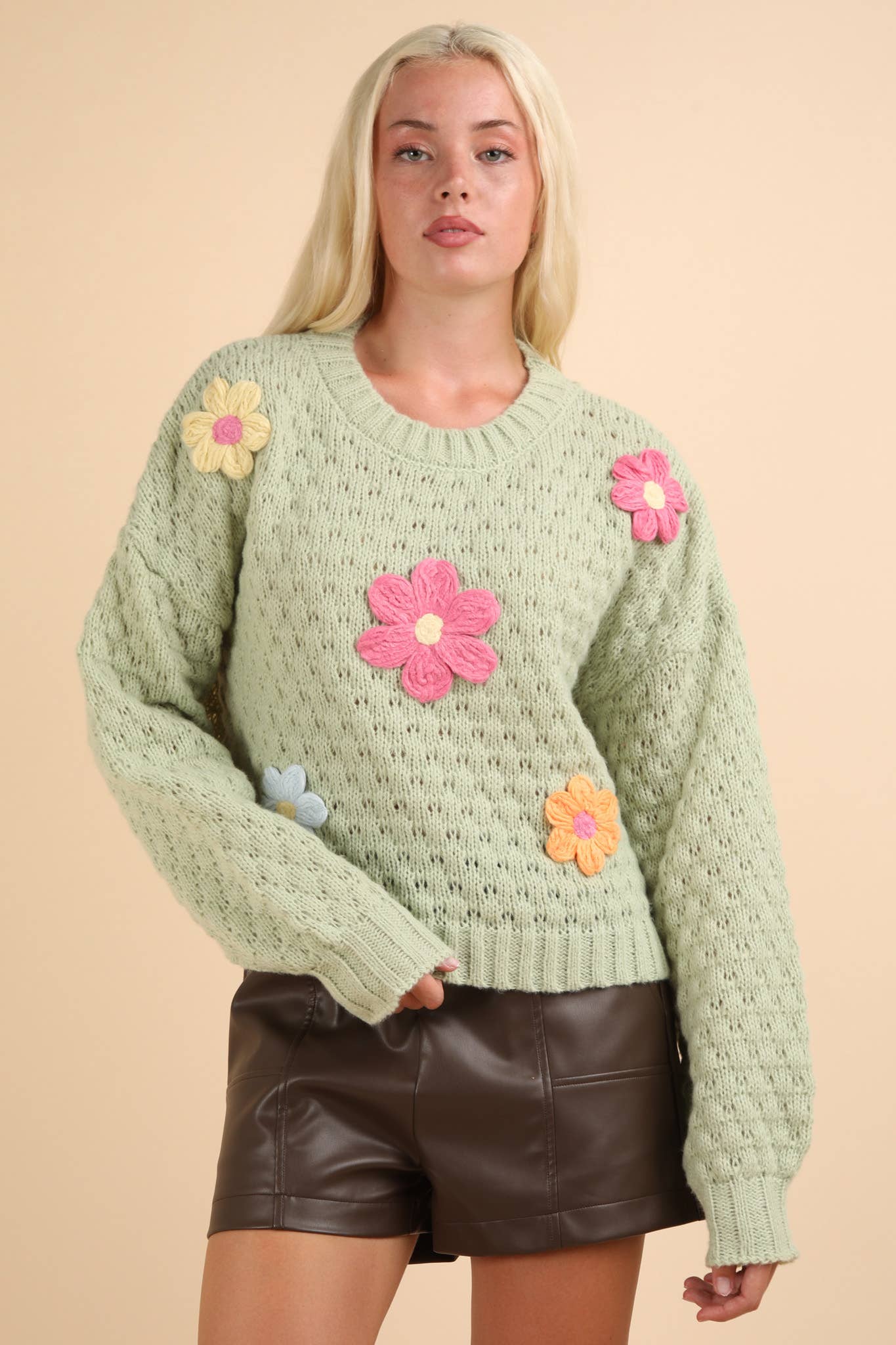Sage Hand Made Flower Applique Knit Sweater Top