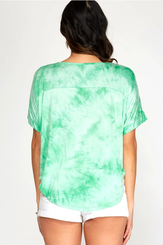 Green V Neck Tie-dye Knit Top