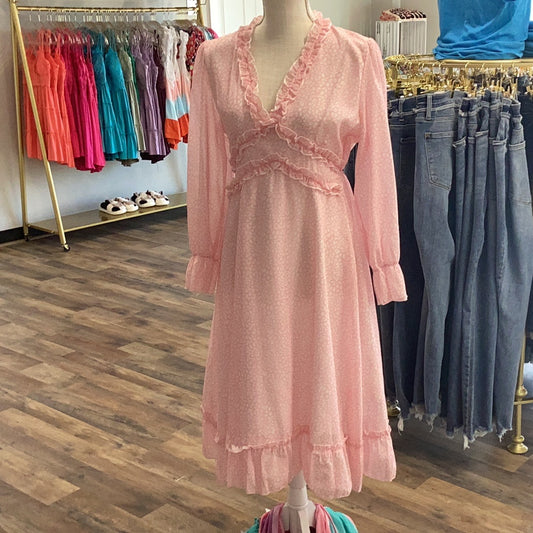 Pink Long Sleeve Ruffle Midi Dress