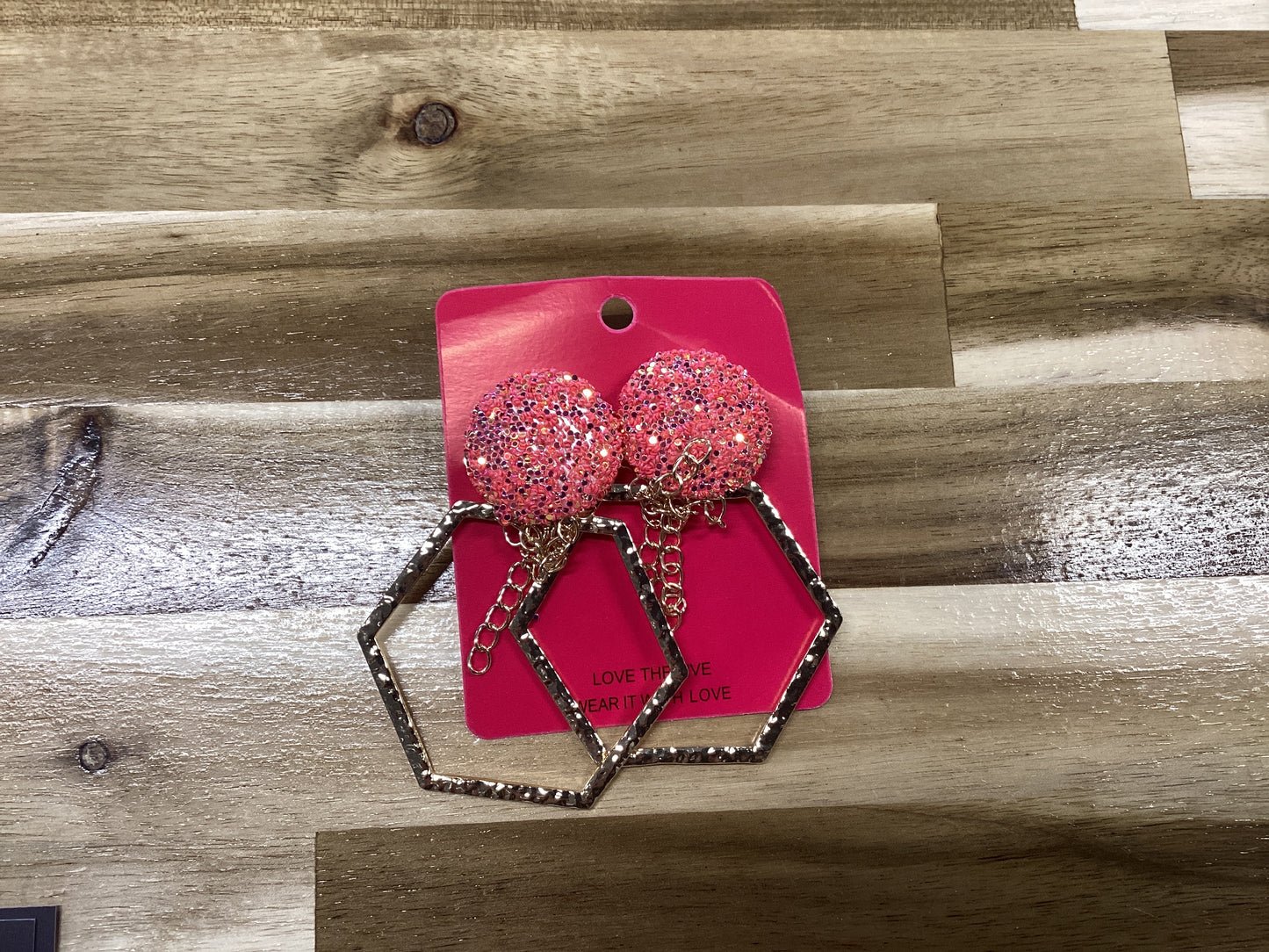 Pink and gold hexagon earrings