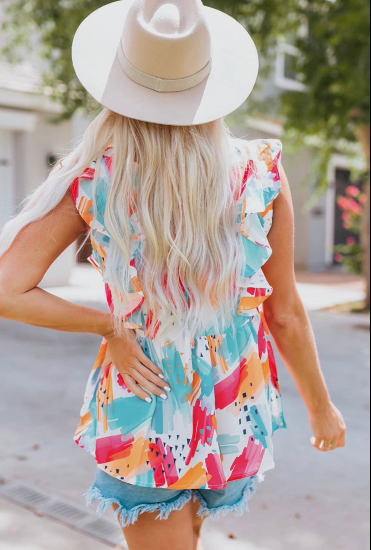 Sky Blue Brush Print Ruffle Top