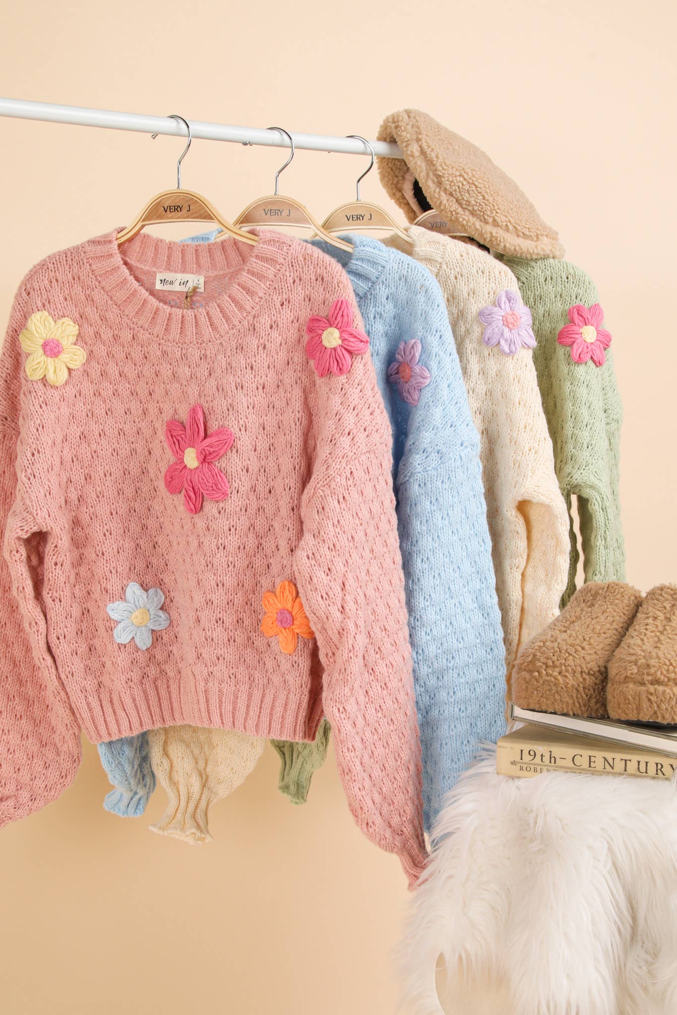 Sage Hand Made Flower Applique Knit Sweater Top
