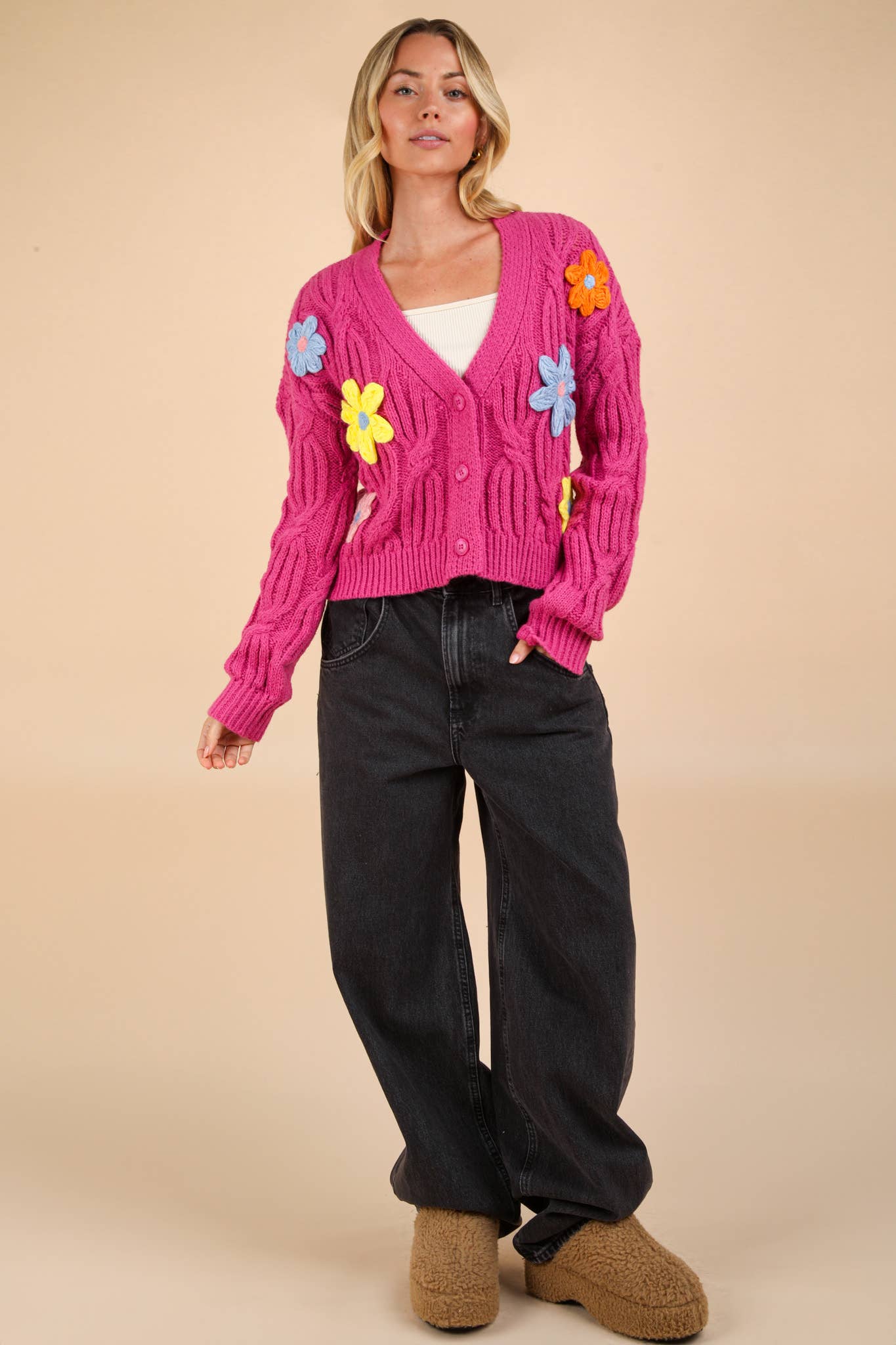 Pink Hand-Made Flower Applique Knit Cardigan