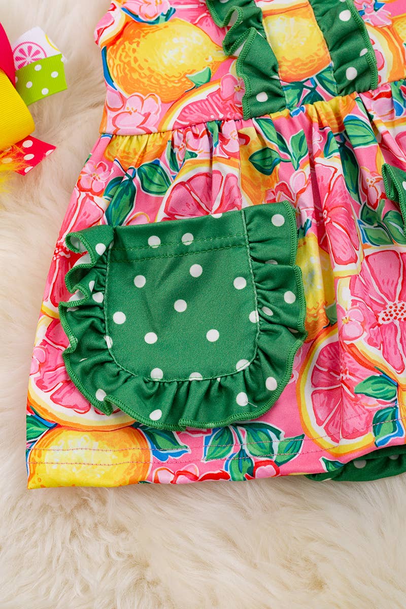 PINK GRAPEFRUIT PRINTED BABY DRESS.