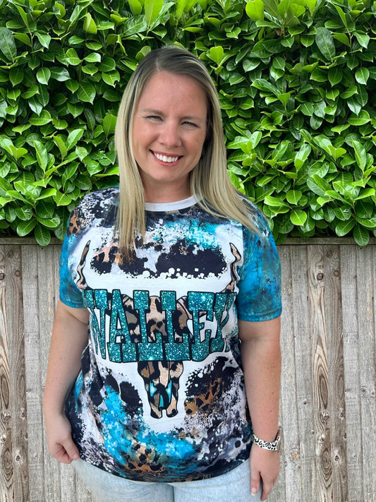 Teal, Cow, and Leopard Wall Bleached Tee