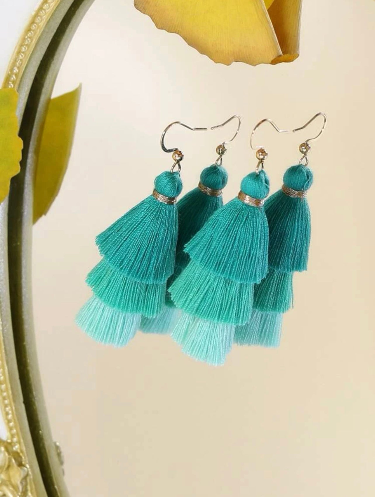 Teal Tiered Tassel Earrings