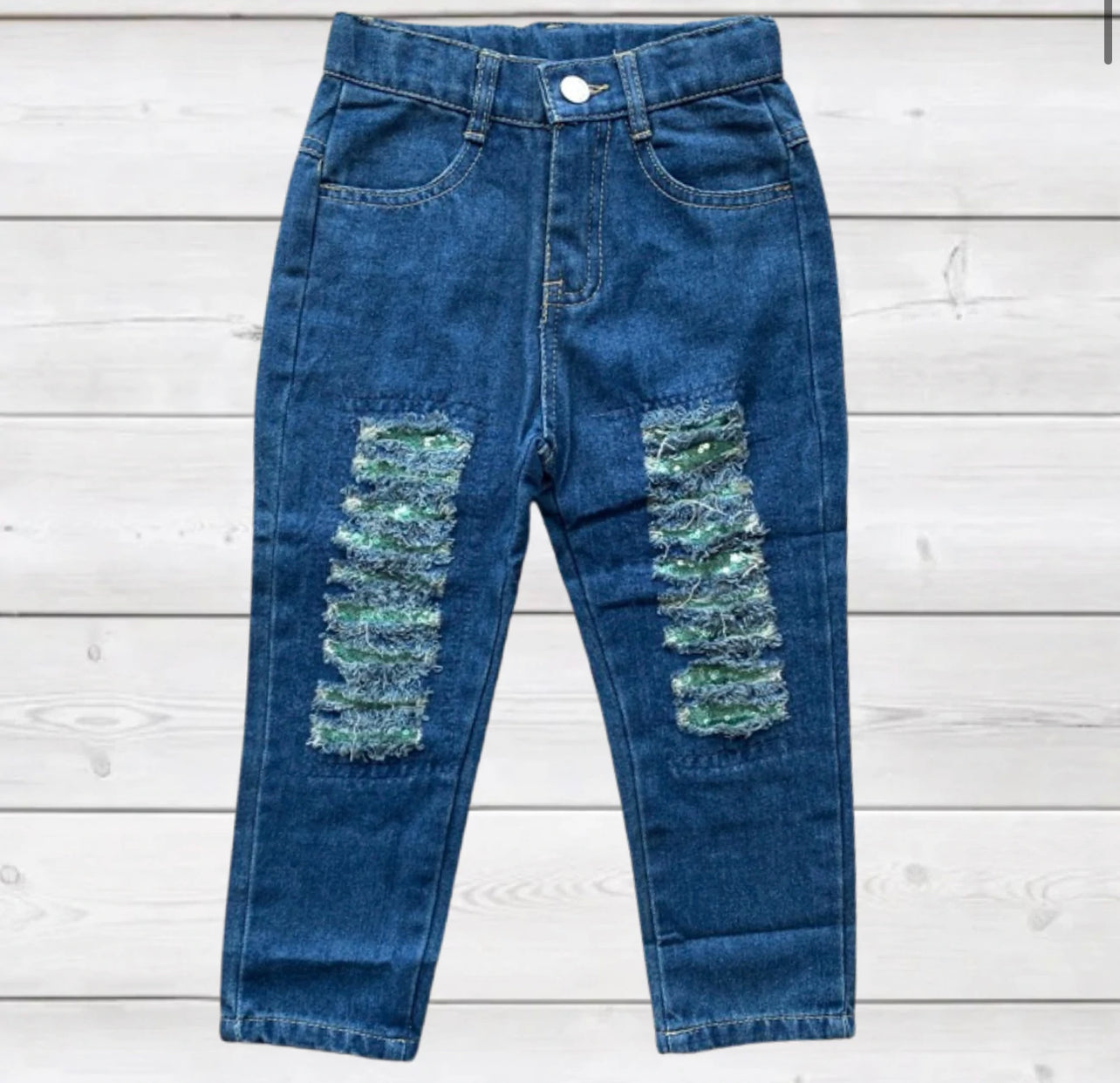 Green Sequin Distressed Denim