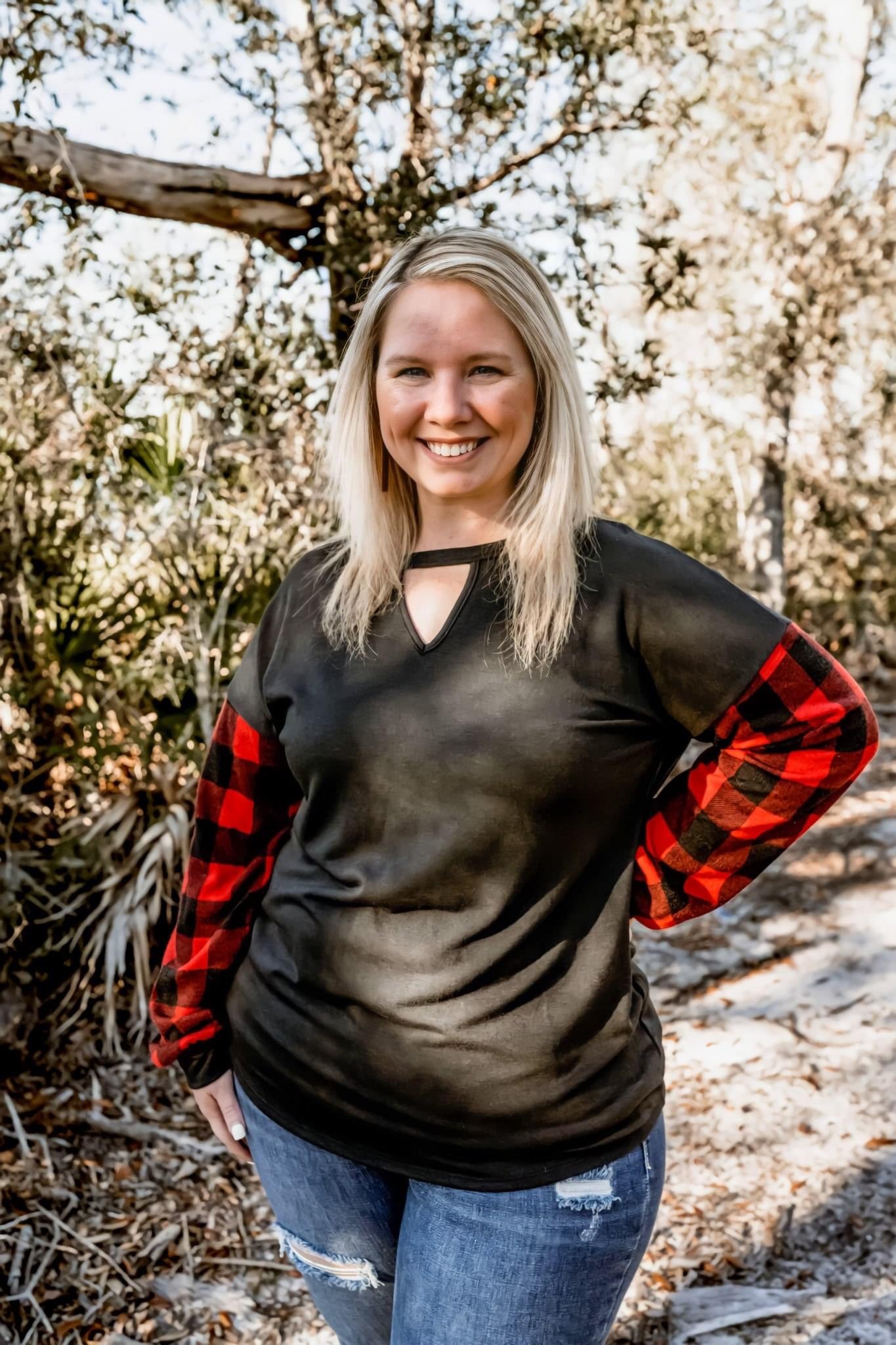 Keyhole Neck Black And Plaid Top