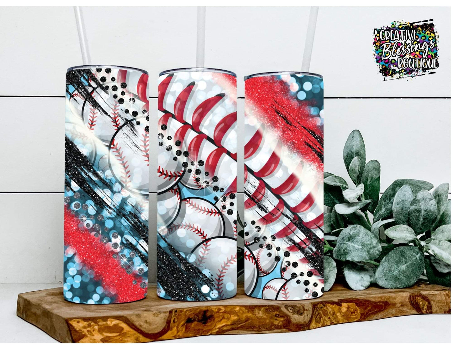 Blue Glitter Baseball Tumbler