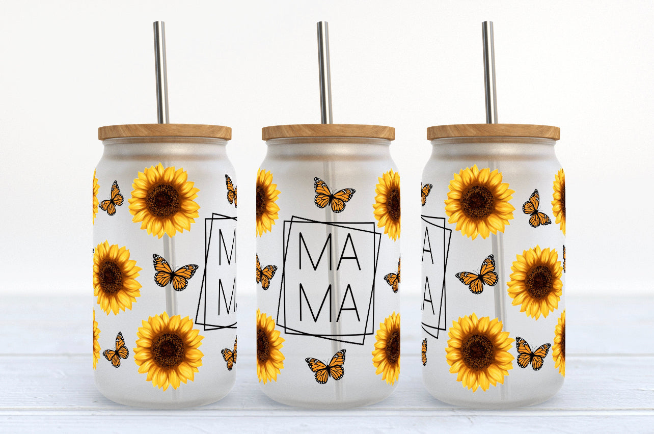 Sunflower And Butterfly Mama Glass Tumbler