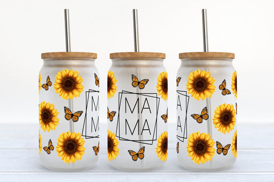 Sunflower And Butterfly Mama Glass Tumbler