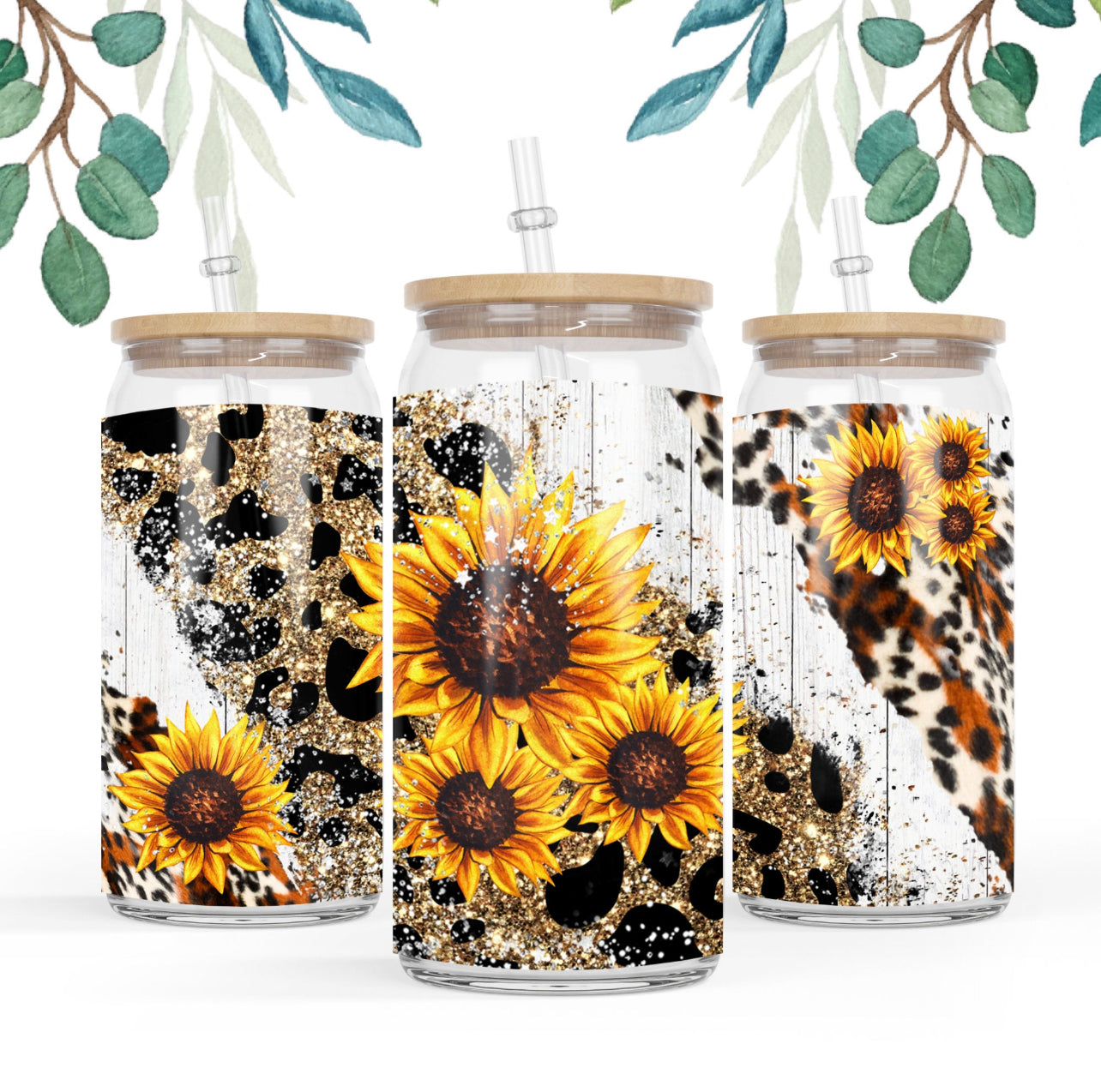 Sunflower And Leopard Glass Tumbler