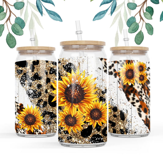 Sunflower And Leopard Glass Tumbler