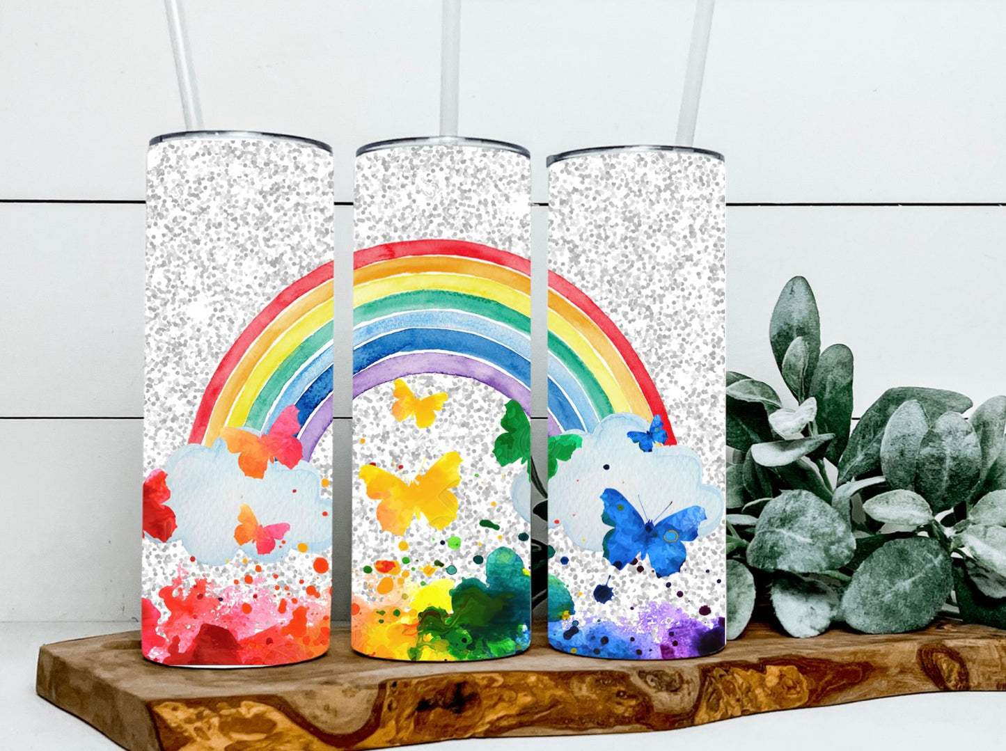 Rainbow And Butterflies Glitter Tumbler