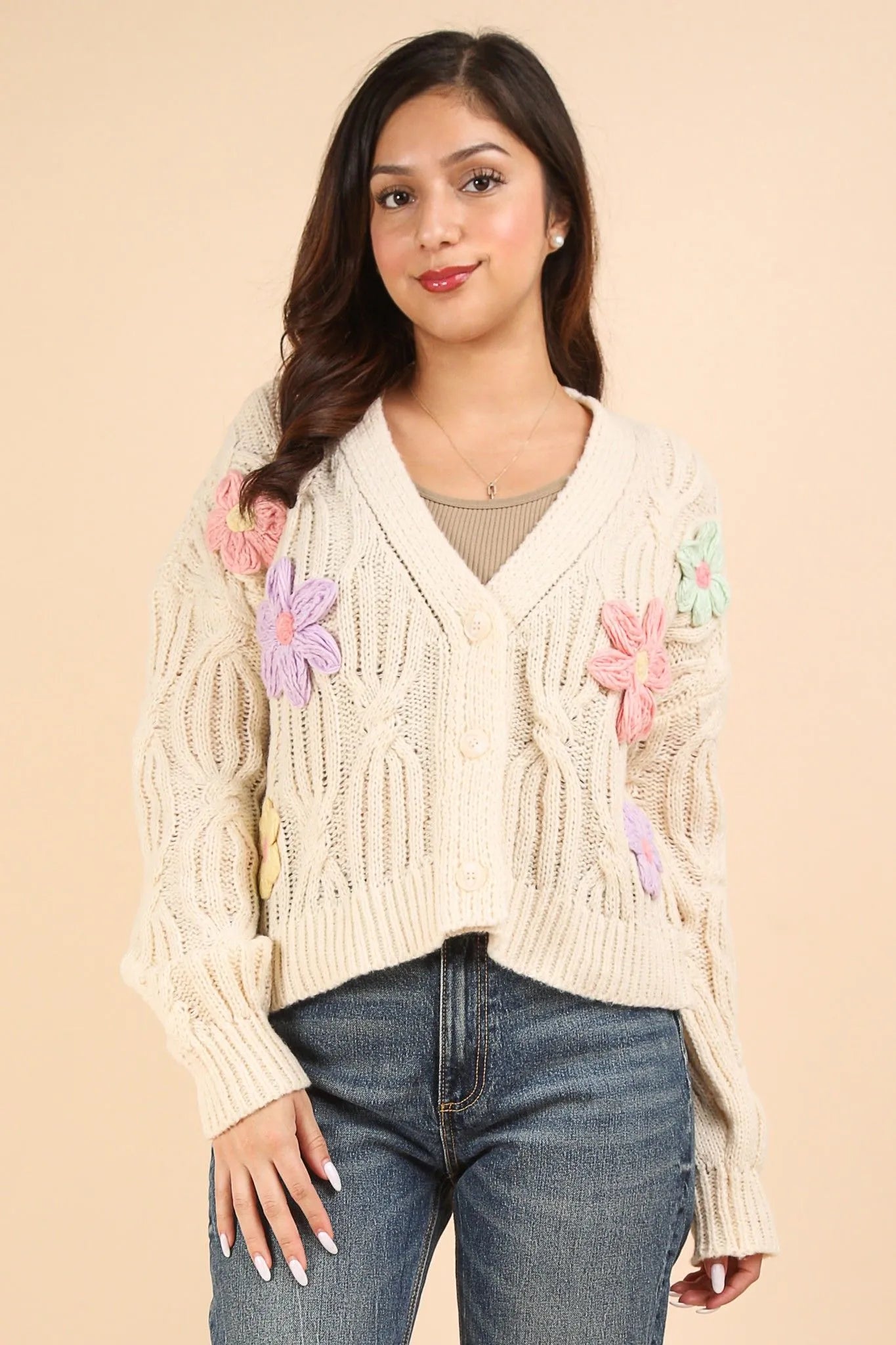 Cream Flower Knit Cardigan