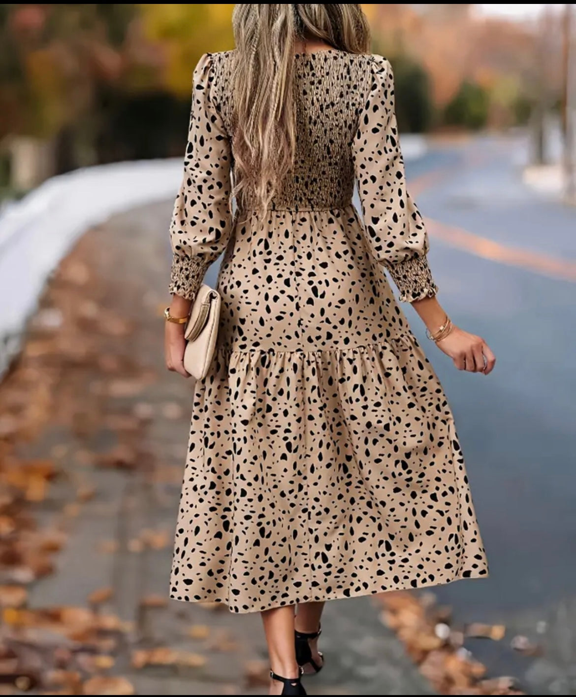 Black Dalmatian Dot Tan Long Sleeve Dress