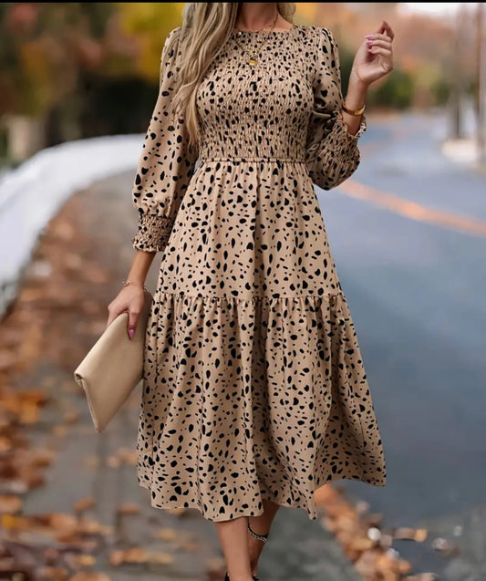 Black Dalmatian Dot Tan Long Sleeve Dress