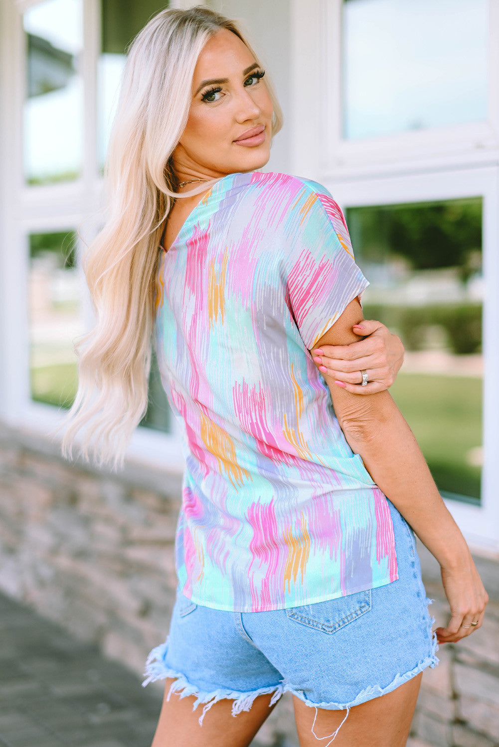 Multicolor Abstract Print V Neck Top