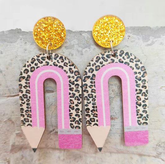 Leopard And Pink Pencil Earrings
