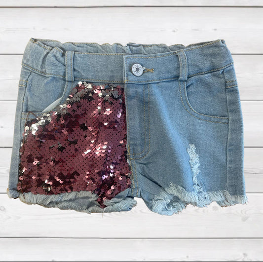 Pink Sequin Denim Shorts