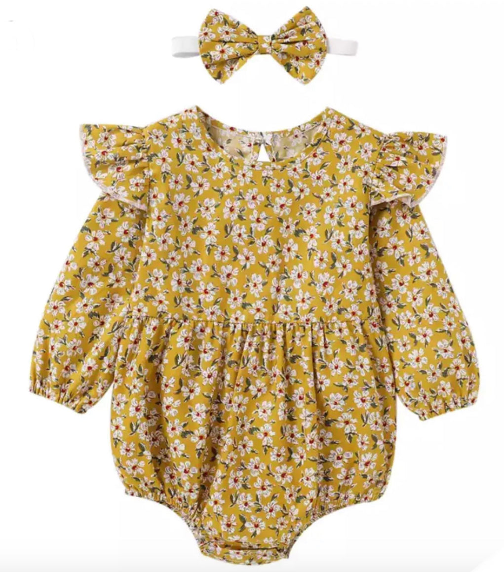 Marigold Floral Romper With Bow