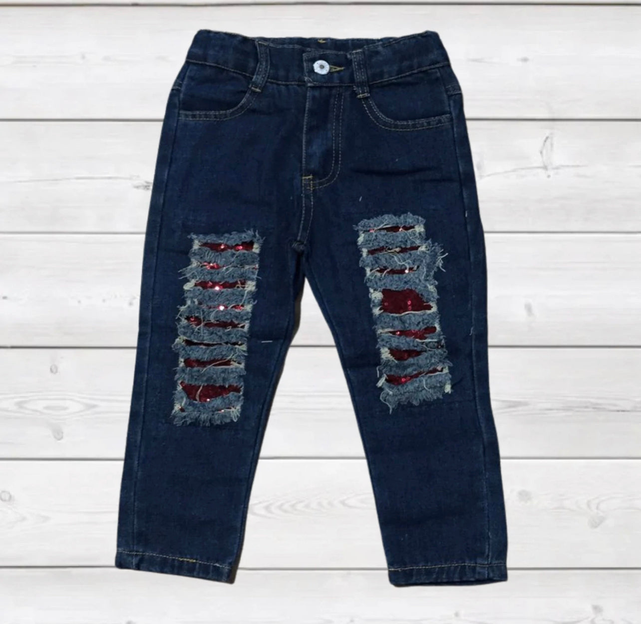 Red Sequin Distressed Denim