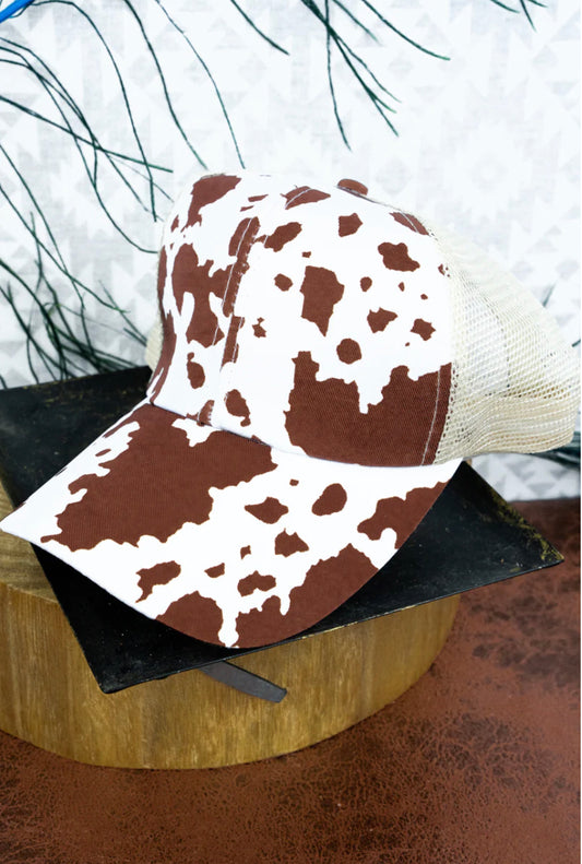 Brown Cow Print Ponytail Hat