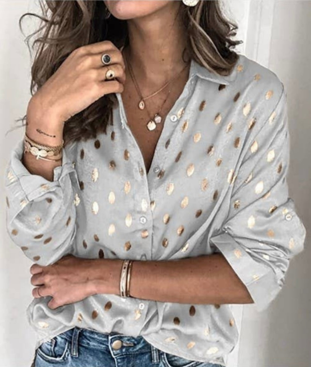 Gold Polka Dot Gray Shirt