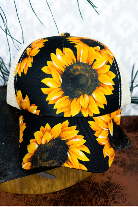 Black Sunflower Ponytail Hat