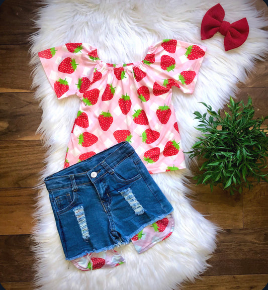 Strawberry Denim Shorts Outfit