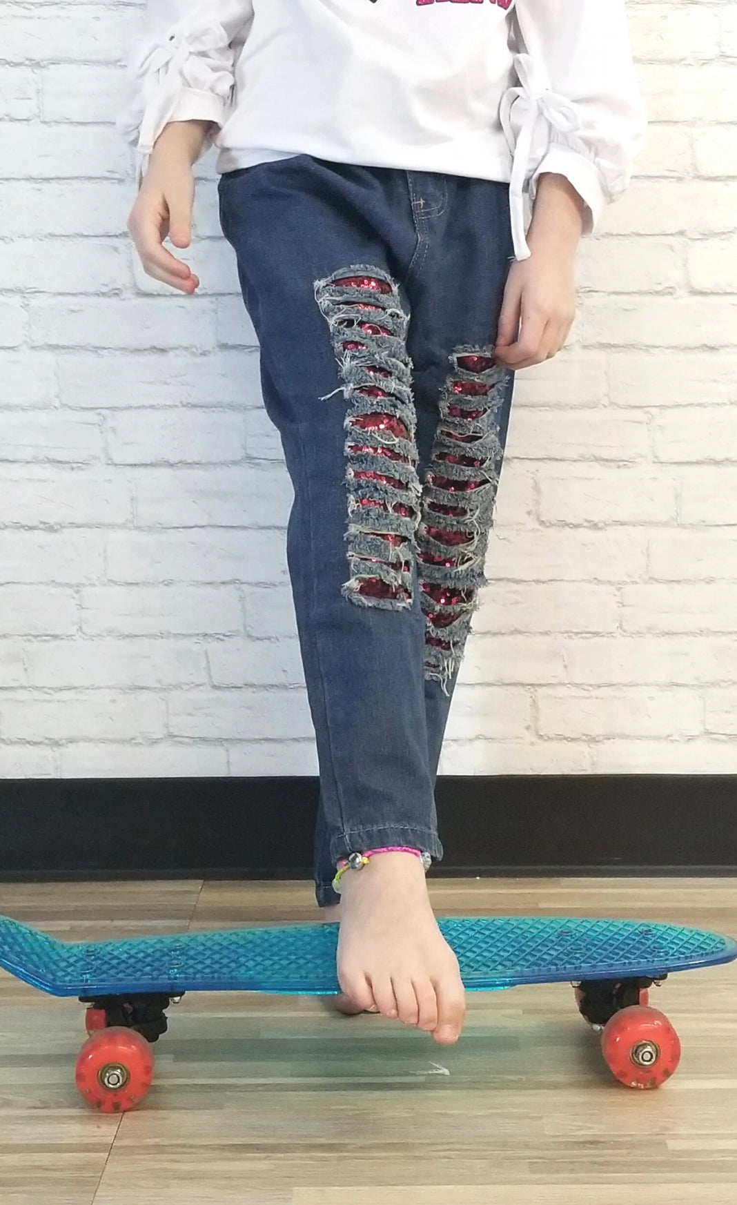 Red Sequin Distressed Denim